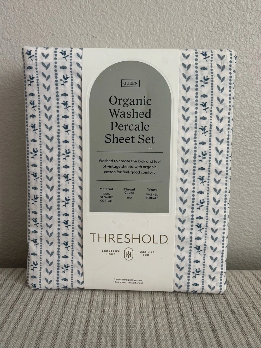 NWT Queen Organic Percale Printed Sheet Set Ivory Floral Stripe - Threshold